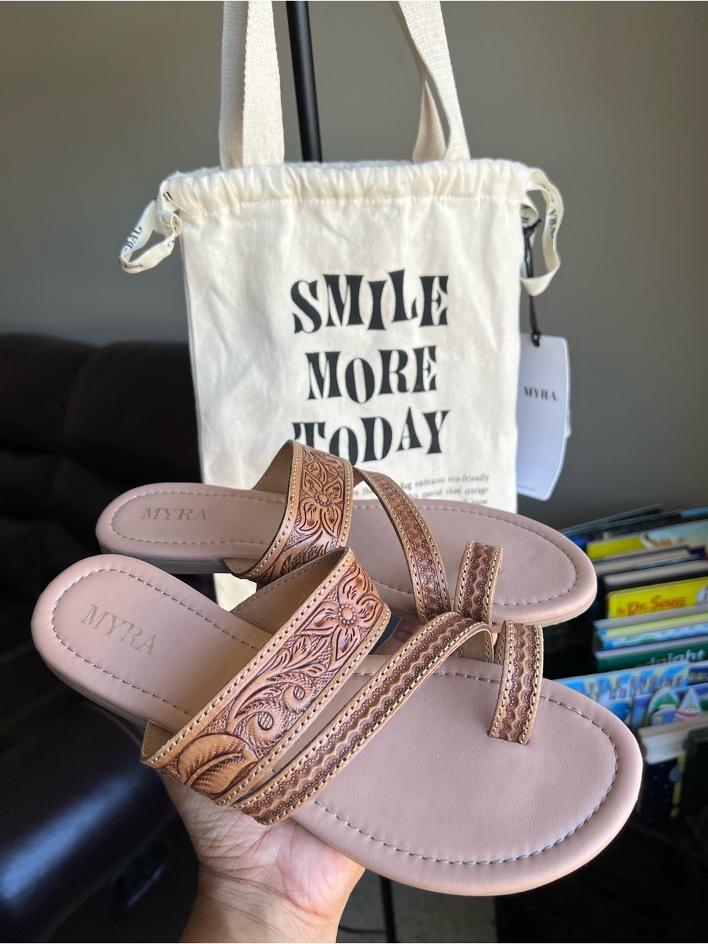 Myra Bag Pink Floral-Embossed Leather Slide Sandals